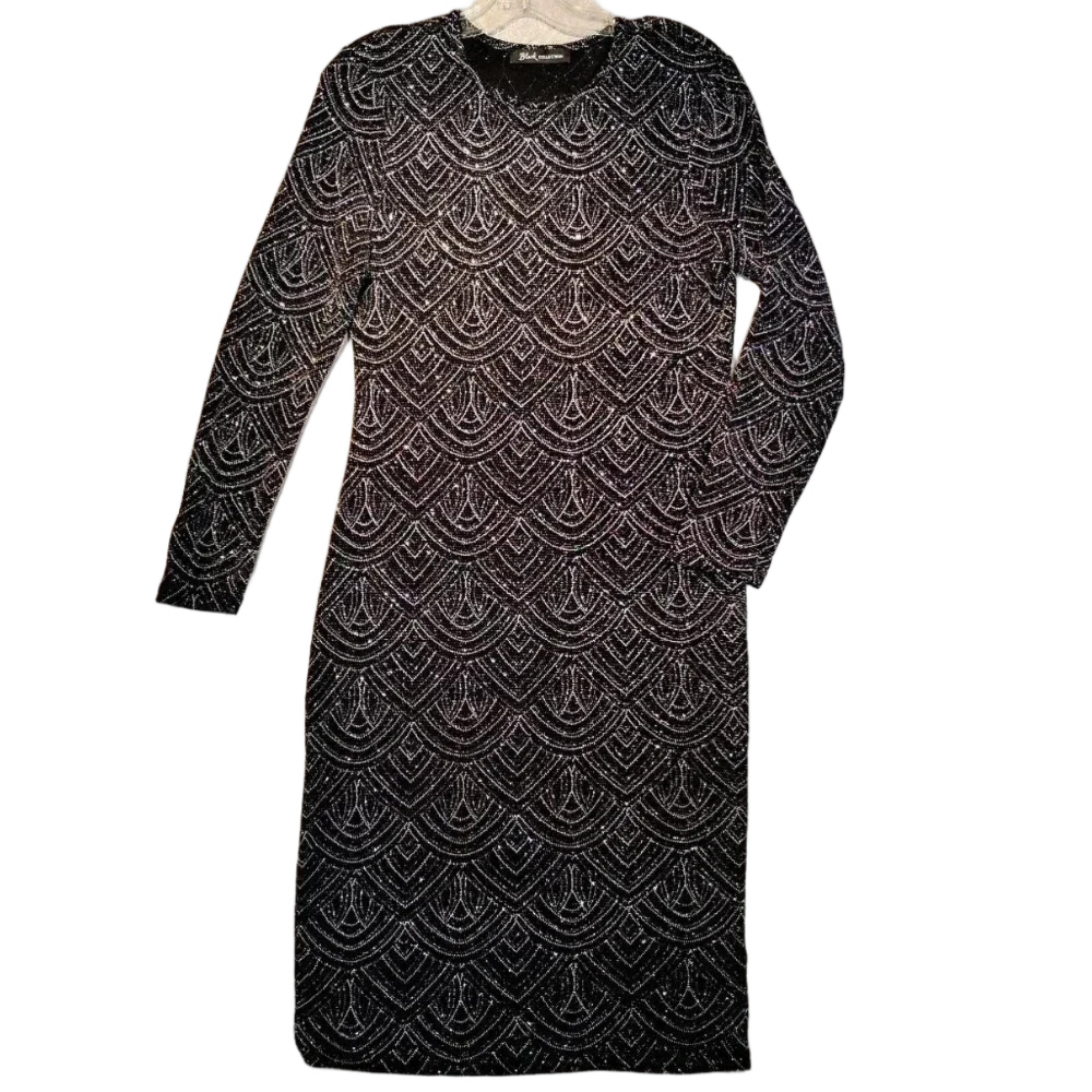 Black Collection NWOTBlack & Silver Metallic Glitter Stretch Knit Dress in Large